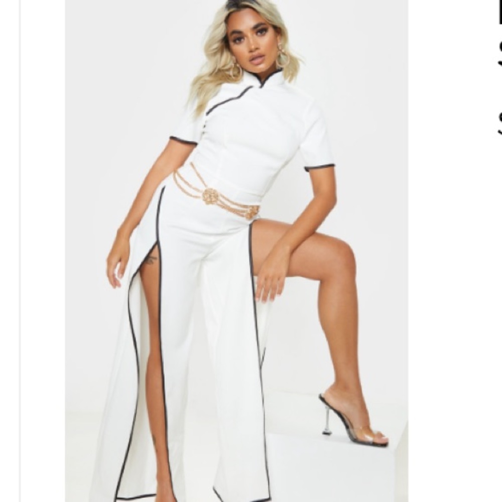 Cream Thigh High Split Jumpsuit PrettyLittleThing
